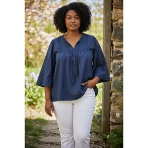 Calypso St. Barth Navy Cotton Linen Eyelet Embroidered Tunic Top 2X Tassel Boho